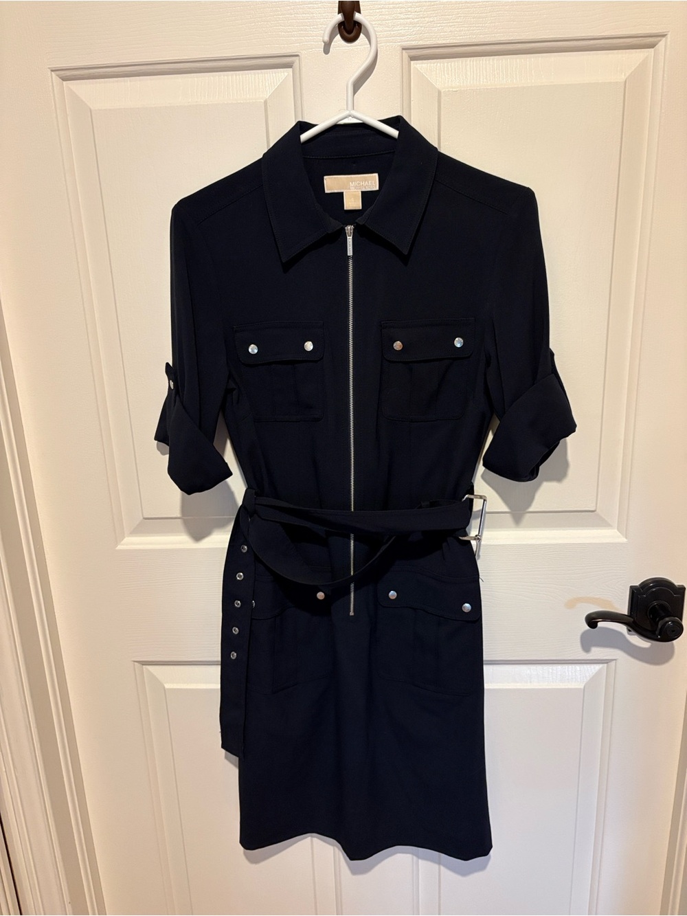 MICHAEL Michael Kors Navy Zip-Front Belted Shirt Mini Dress